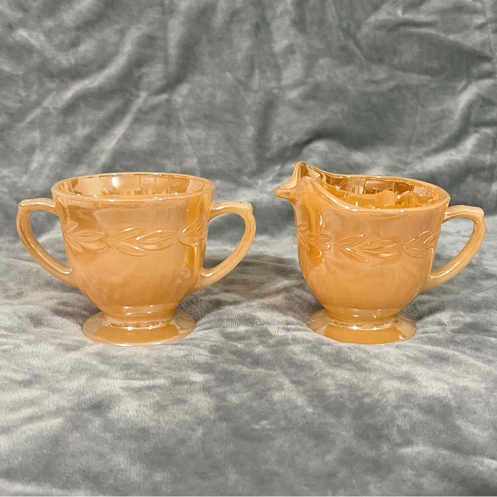 Vintage Fire King Laure Leaf Peach Lustre cream & sugar